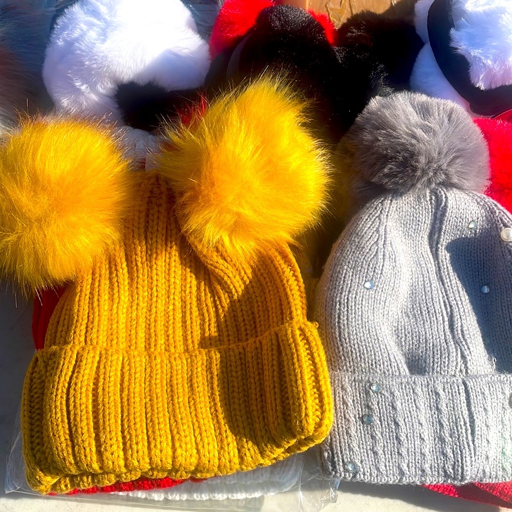 Fur ball hats, gloves and ear muffs